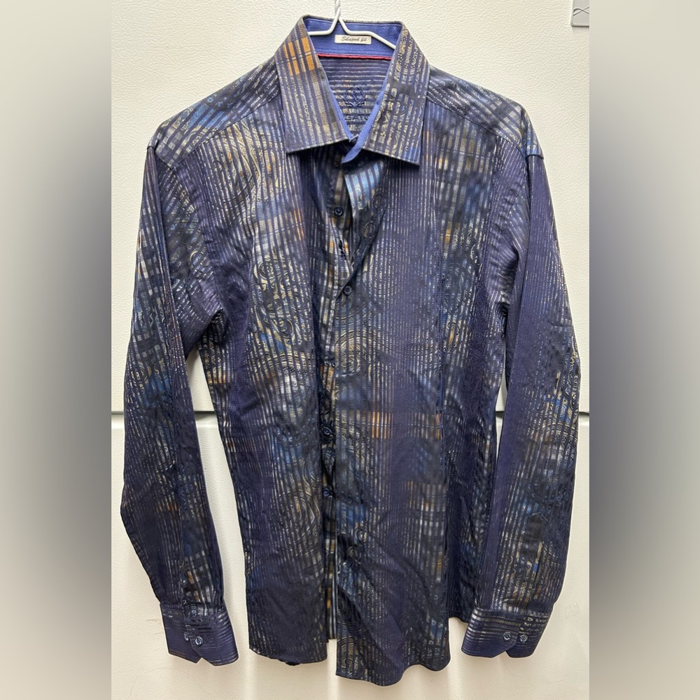 Bugatchi Blue and Gold Patterned Button Down Shirt